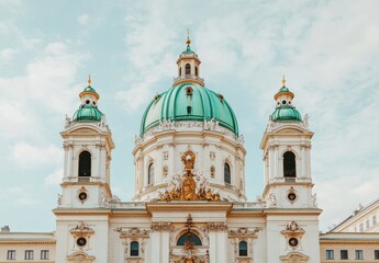 Fototapeta premium Beautiful Historic Building with Green Dome under Cloudy Sky