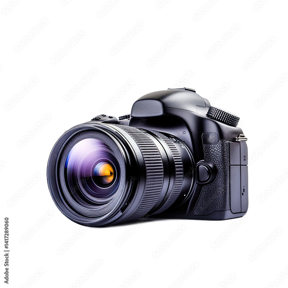 Poster high-quality dslr camera with a large zoom lens, presented in a studio setting against a dark backgr