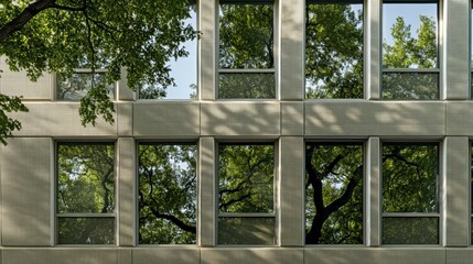 Fototapeta premium Modern building facade reflecting trees architectural design with nature reflection sustainable building
