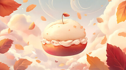 Fototapeta premium Whimsical apple dream floating amidst autumn leaves and pastel clouds rendering