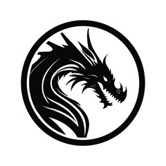 black dragon head silhouette logo in circle, aggressive and sharp tribal design on white background