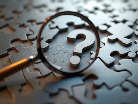 A photorealistic view of an abstract puzzle with a magnifying glass highlighting a missing piece shaped like a question mark, symbolizing problem-solving and critical thinking. - Powered by Adobe