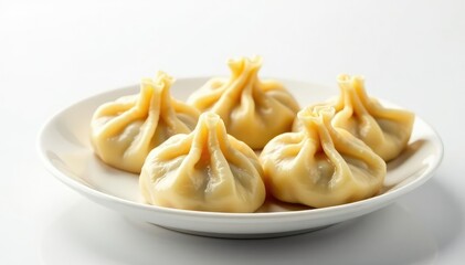 Steaming dumplings on a pristine white background, pork, dumplings
