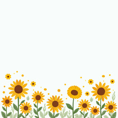 Cartoon sunflowers with green leaves on white background