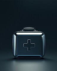 Obraz premium Metallic First-Aid Kit: A sleek, metallic first-aid kit, with a prominent medical cross, sits on a dark background, symbolizing preparedness and care.