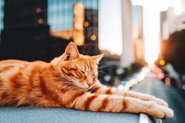 Cat Relaxing on Roof of Car Under Sunlight with Cityscape Background at Sunset
