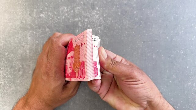 Man counting Pakistan 100 rupees notes. Top view.