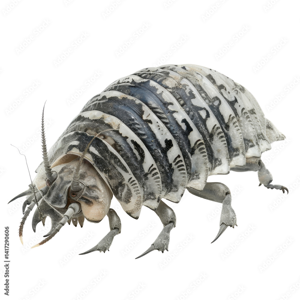Poster detailed close up of unique insect resembling pill bug, showcasing its segmented body and intricate 
