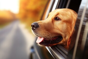 Happy Family SUV Parked in Urban Park with Golden Retriever Dog Enjoying the Scenic View