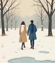 Couple Walking Hand-in-Hand Through Snowy Park