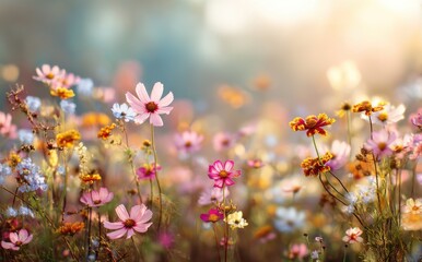 Fototapeta premium A field of wildflowers bathed in the soft glow of sunrise. Delicate pink, orange, and yellow blossoms dance in the gentle breeze, creating a picturesque scene of natural beauty.