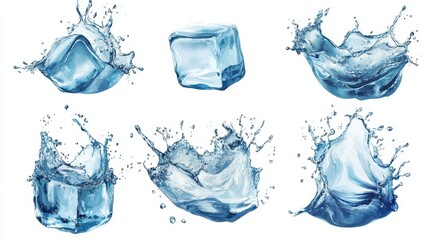 Fototapeta premium Ice cubes with water splash and drops. Cold mineral water, natural aqua or cocktail drink realistic vector splashes or frozen motion ripples ice cubes. beverage, soda isolated white background illust