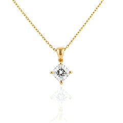 Close up of a modern diamond pendant on a thin gold chain on white.