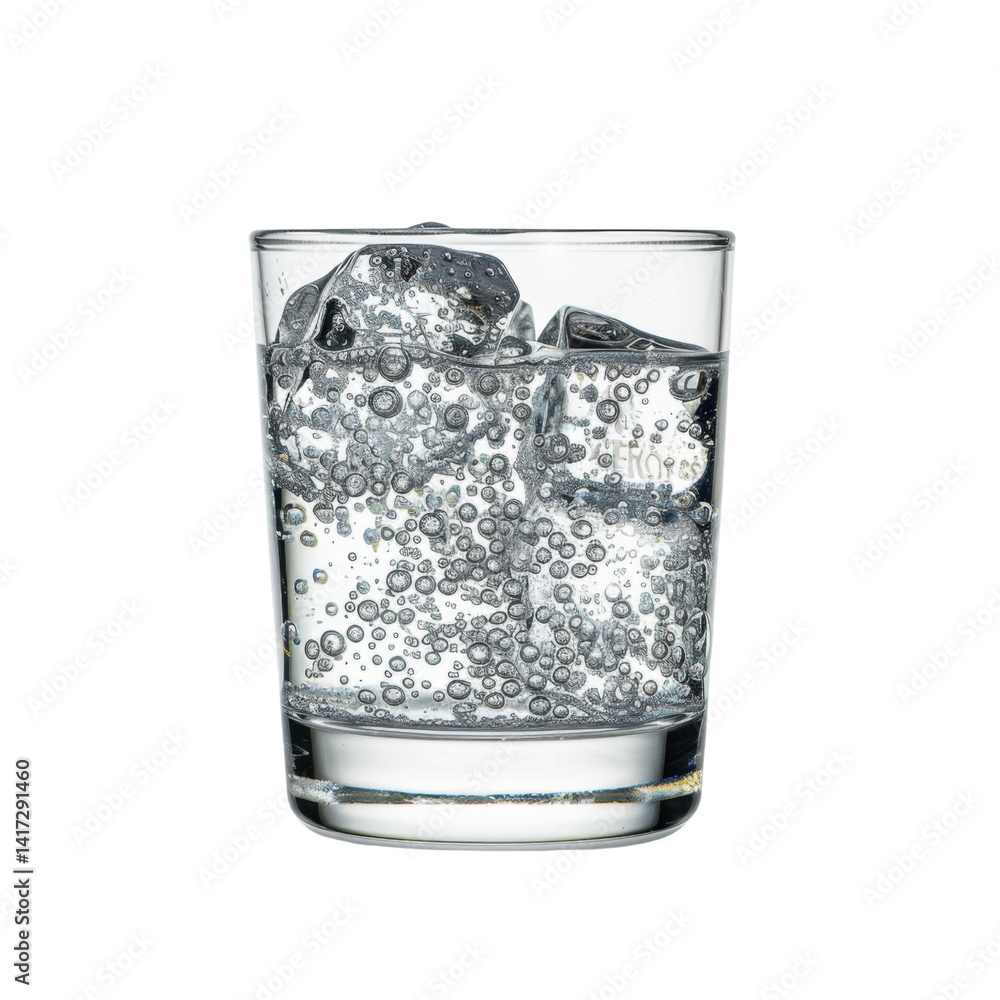 Poster fresh sparkling water with ice cubes in clear glass, creating refreshing and inviting look. bubbles 