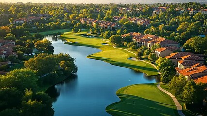 Serene Golf Course Overlooking Water at Sunset