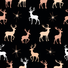 Deer and Sparkles on Black Seamless Pattern