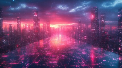 Fototapeta premium Abstract cyberpunk neon circuit board glowing in blue and purple, symbolizing futuristic technology and digital innovation.