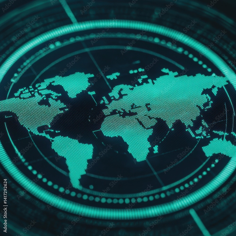 Poster futuristic world map in neon colors with digital elements and circles
