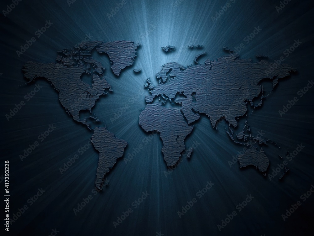 Poster abstract world map design with dark background and light ray effects