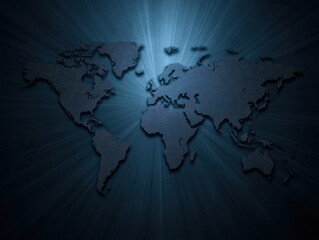 Abstract World Map Design with Dark Background and Light Ray Effects