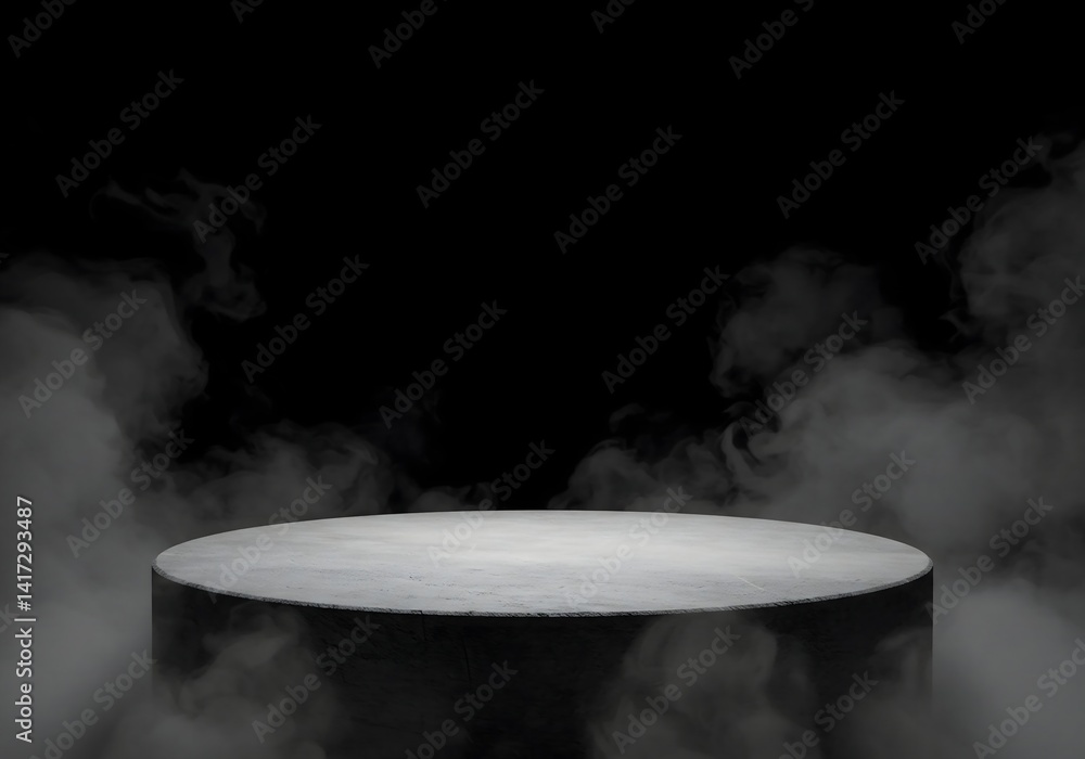 Poster 3d render of a round podium surrounded by smoke on a black background for product display and presen