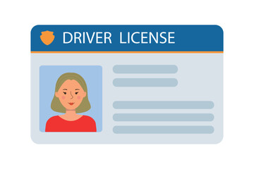 The car driver's ID card with a photo of a woman. Vehicle driver's identification card. Stamp, barcode, plastic identification card. Vector illustration in a flat style