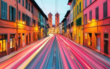 Fototapeta premium Vibrant Night Lights on Historical Street with Beautiful Architecture