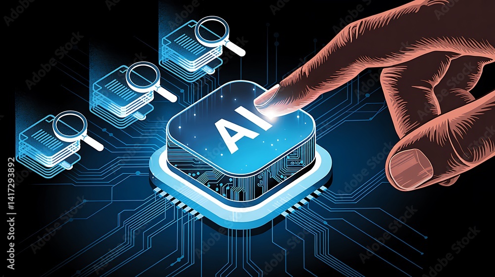 Poster activating artificial intelligence digital technology with data research and analysis illustration