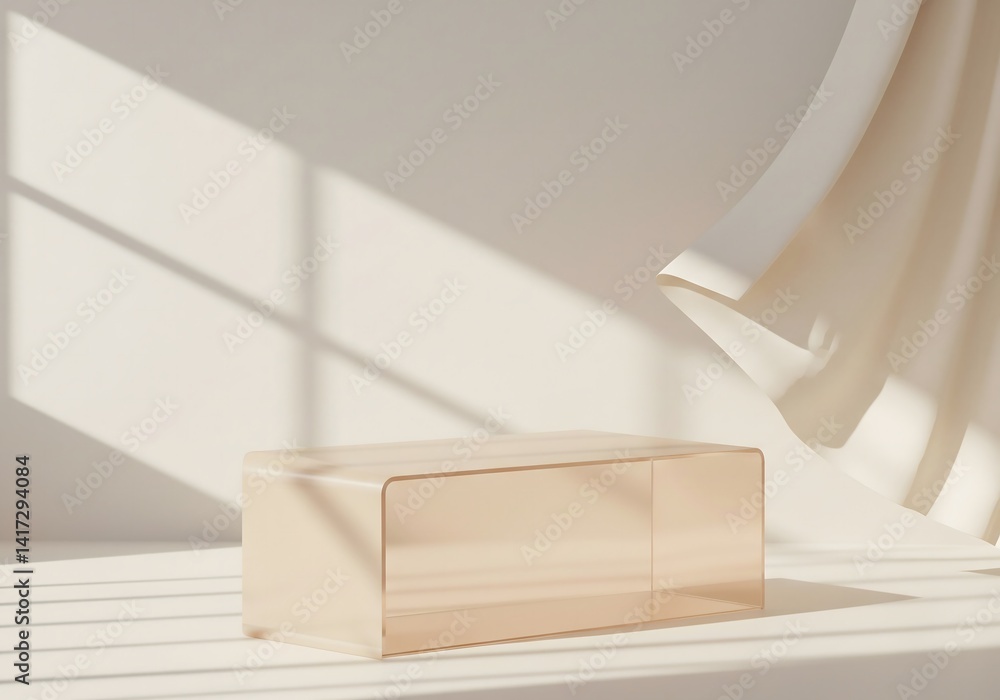 Poster minimalist product display background with sunlight, curtain, and transparent cube - ideal for mocku