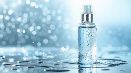 Clear spray bottle on water with bokeh background