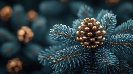 Close-up of a pine cone on a frosted evergreen branch in winter scenery