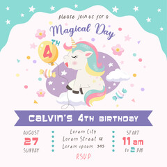 magical day cute unicorn invitation card, greeting, birth day, template vector illustration