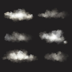 Six different cloud formations displayed against a black background, showcasing a variety of shapes, densities, and opacity levels for a realistic effect.