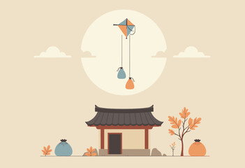 Korean House with Kite and Fortune Bags Illustration
