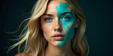 Obraz premium Artistic portrait of blonde woman with half face painted in turquoise resembling world map 