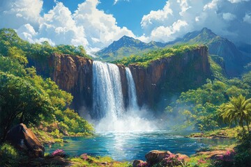 Fototapeta premium Lush waterfall cascading into a tranquil pool, surrounded by vibrant tropical foliage and mountains