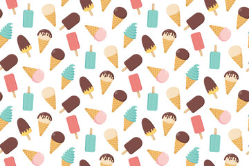 Cute seamless pattern with ice cream. Eskimo and ice cream cone. Design for fabric, wrapping paper, cards, posters. Vector illustration