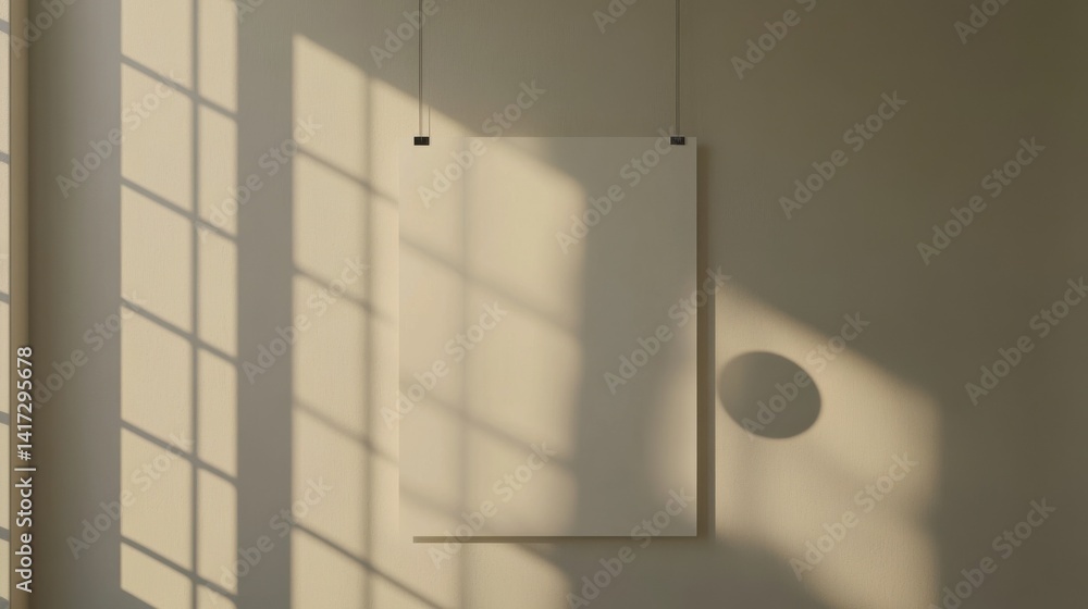 Poster white poster isolated hanging by strings on wall mockup 3d rendering