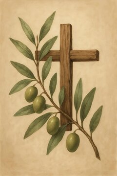 Croix chr&eacute;tienne et rameau d'olivier : symbole spirituel de foi et de paix