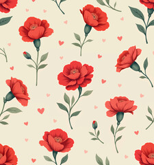 Red Poppy Floral Pattern with Hearts on Beige Background