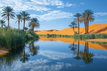 Desert oasis with calm lake and palm trees