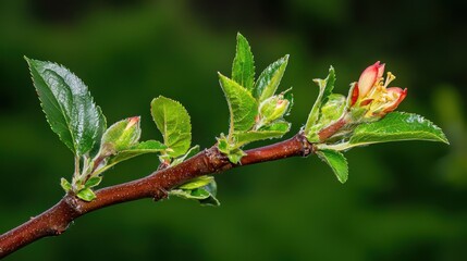 Close-up of apple blossoms with small green fruits beginning to grow