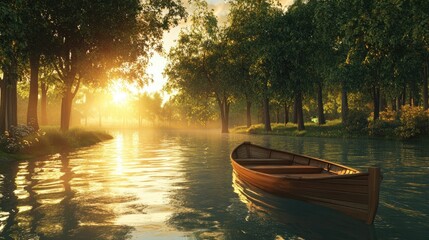 Serene River Landscape with Solar-Powered Wooden Boat & Golden Sunset | Nature & Sustainability