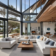 Fototapeta premium A modern living room with large windows, white sofas, and a wooden ceiling and coffee table design
