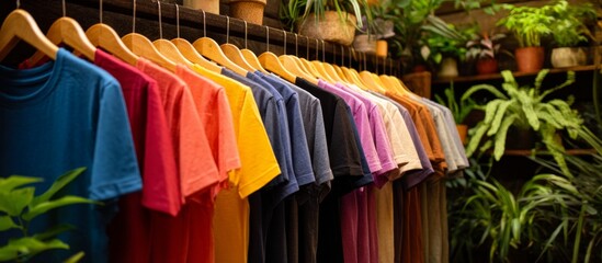Colorful T-Shirts Hanging on Wooden Hangers in a Shop with Lush Greenery