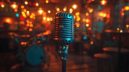 Illuminated Microphone on Stage with Glowing Backdrop for Business Presentations and Public Events