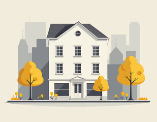 Stylized White Building with Golden Trees and Cityscape