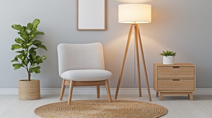 Light-filled living room featuring a comfortable chair and wooden accents.