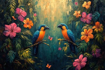 Two parrots in a vibrant jungle setting