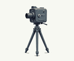 Vintage-style gray camera on tripod, isolated